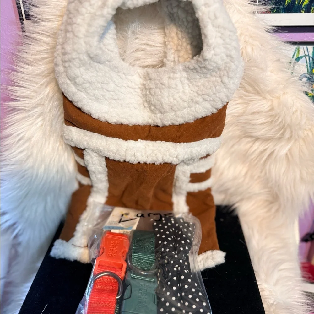 Cozy Brown Sherpa-Trim Large Dog Vest + 3 new collars